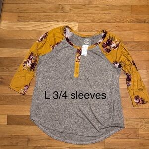 Maurices Mustard Floral Sleeve Gray Blouse